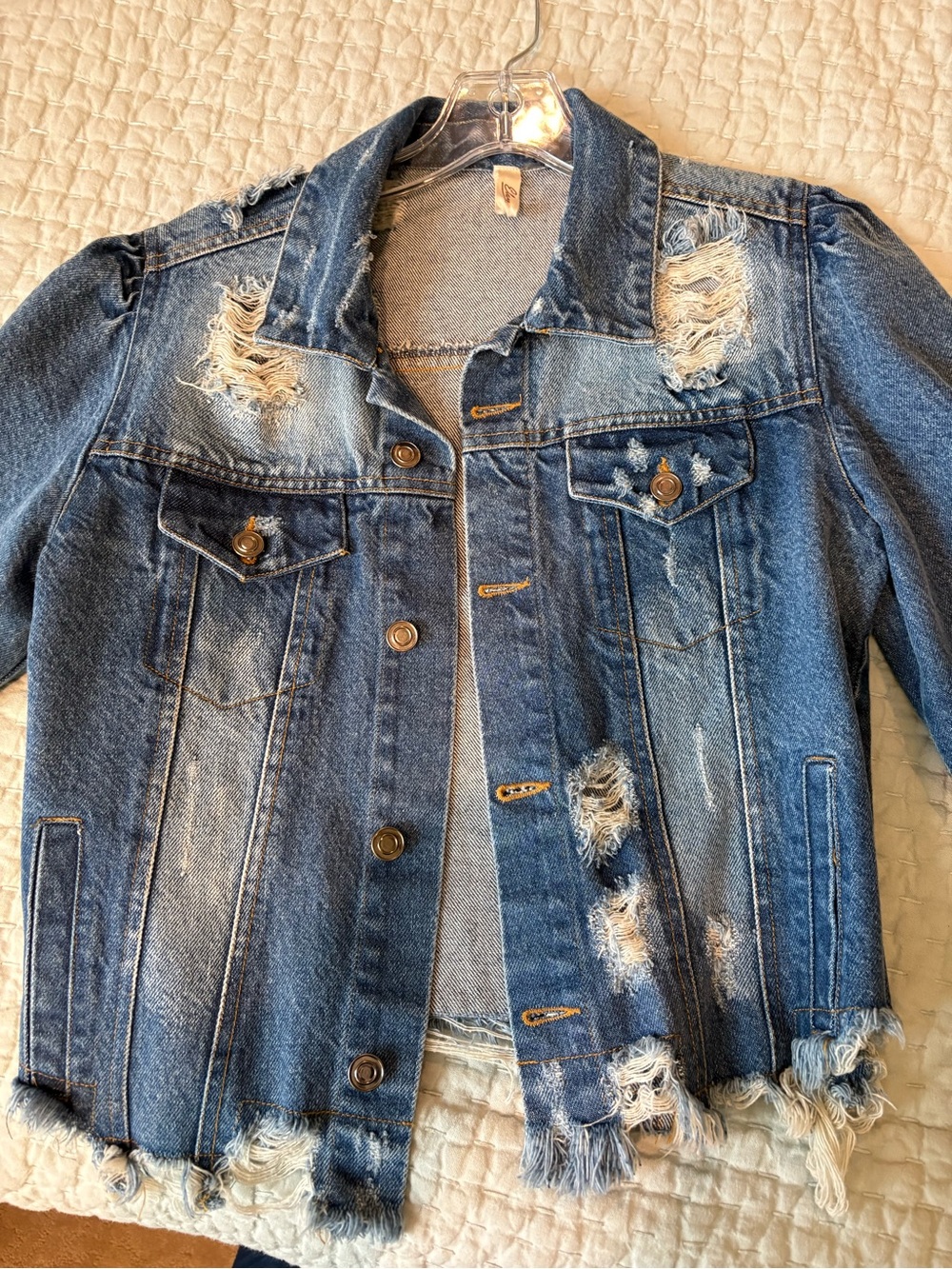Elan Distressed Blue Denim Jean Jacket with Frayed He